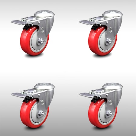 Service Caster 4 Inch SS Red Polyurethane Swivel Bolt Hole Caster Set with Total Lock Brake SCC-SSBHTTL20S414-PPUB-RED-4
